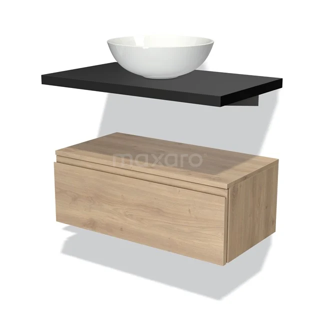 Wooden bathroom cabinet with black worktop and white basin bowl, modern design, ideal for stylish bathroom storage.