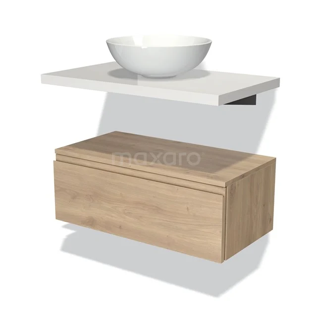 Badmöbel für Waschtischunterschrank mit Konsole 80 cm Modulo Plato Hellbraune Eiche 1 Schublade Grifflos Hochglanz Weiß Platte BMK32-00155 Holz Badezimmermöbel mit Eiche-Look, weißes Waschbecken aus Keramik und Wandregal; stilvolles und kompaktes Design für jedes Badezimmer.