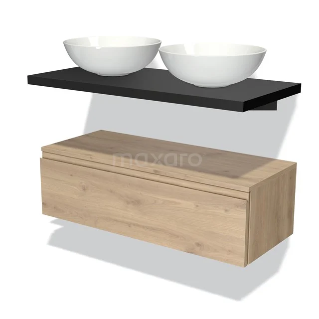 Wall bathroom unit with oak drawers, black top and two white countertop wash basins. Modern design, ideal for any bathroom.