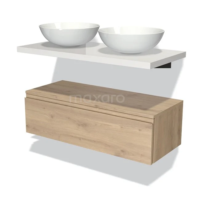 Holz-Badmöbel mit schwebender Schublade, weißen keramischen Aufsatzwaschbecken und klarem Design für einen modernen Badezimmerstil.