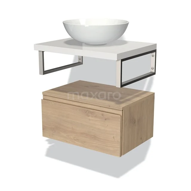 Modulo Plato Badmöbel mit Aufsatzwaschbecken | 60 cm Hellbraune Eiche Grifflos front Hochglanz Weiß blatt Tief hängend BMK32-00161 Weiße keramische Waschbecken auf modernem Holz-Badmöbelset mit Metallrahmen; ideal für stilvolle Badezimmergestaltung.