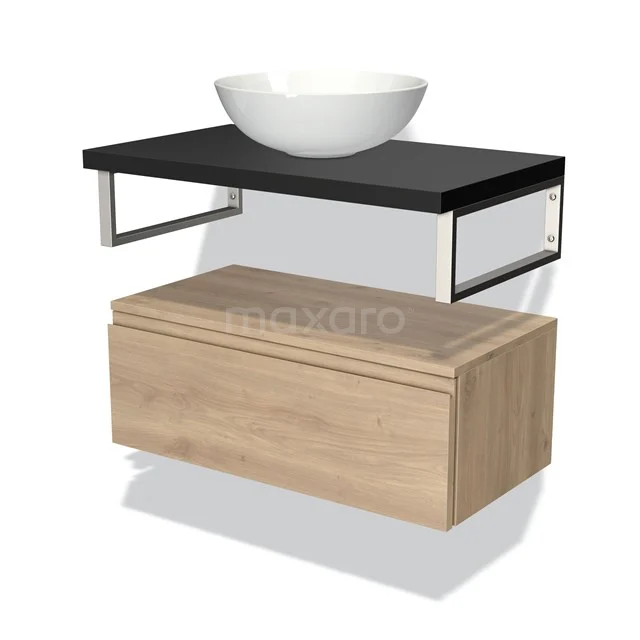 Vanity unit wood-look with black worktop, white countertop wash basin and metal frame, perfect for a modern bathroom design.