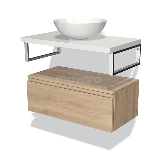 Holz Badezimmermöbel mit weißem keramischen Aufsatzwaschbecken, minimalistisches Design und schwarzem Stahlrahmen, ideal für ein modernes Badezimmer.