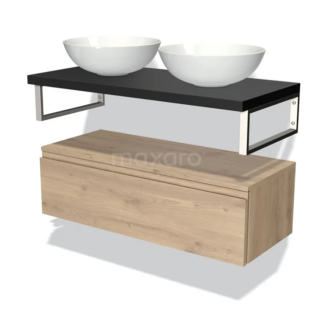 Modern bathroom unit with black worktop, white ceramic countertop wash basins and oak lower cabinet. Minimalist and stylish design.