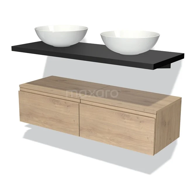 Badmöbel für Aufsatzwaschbecken 120 cm Modulo Plato Hellbraune Eiche 2 Schubladen Grifflos Matt Schwarz Platte BMK32-00169 Badmöbelset mit Holzunterbau, schwarzer Platte und zwei runden weißen Waschbecken, modernes Design für stilvolle Bäder.