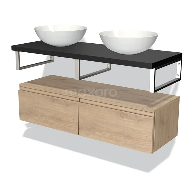 Wooden bathroom unit with oak look, black countertop wash basin and two white countertop wash basins, modern design.