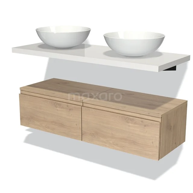 Holz Badezimmermöbel mit Doppelwaschbecken, weißer Keramik, modern schwebendes Design und geräumigen Schubladen.