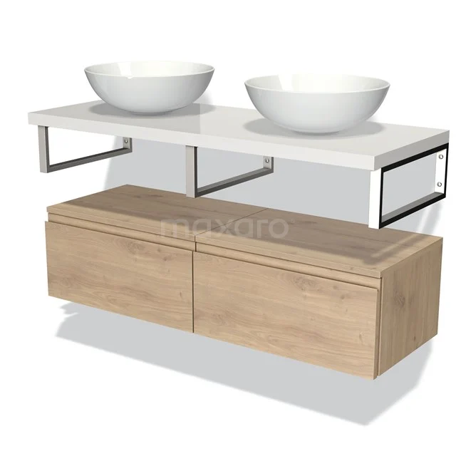 Wooden bathroom unit with two white countertop wash basins, modern design and metal accents, ideal for a stylish bathroom.