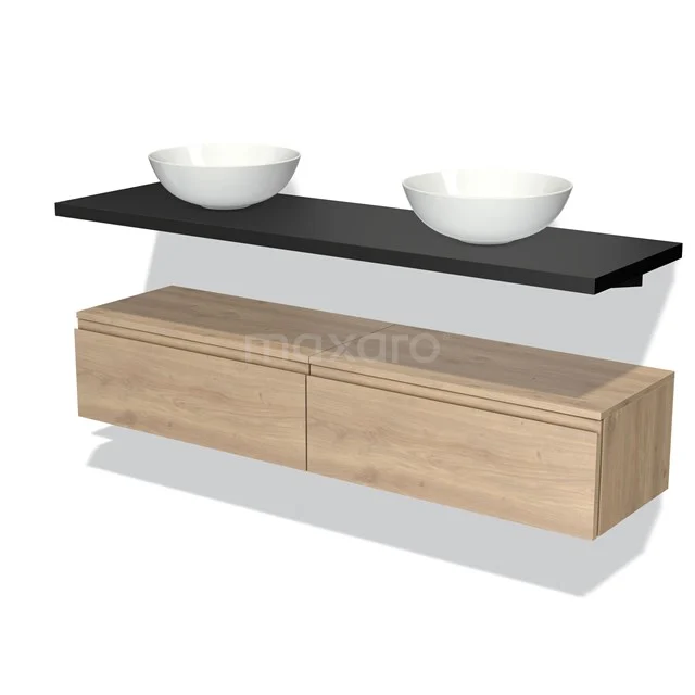 Wooden bathroom unit with two drawers, black shelf and white basins; stylish minimalist design.