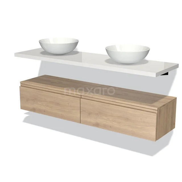 Badmöbel für Waschtischunterschrank mit Konsole 160 cm Modulo Plato Hellbraune Eiche 2 Schubladen Grifflos Hochglanz Weiß Platte BMK32-00177 Holz-Badmöbel mit Schublade, weißer Waschtischplatte und zwei runden Aufsatzwaschbecken, modernes Design.