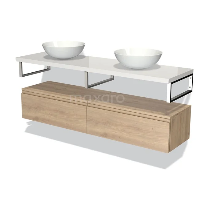 Wooden bathroom unit with two white ceramic countertop wash basins, hanging design and modern bathroom unit with storage space.
