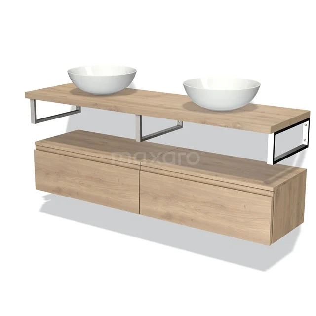 Eichen Badezimmermöbel mit zwei weißen komförmigen Waschbecken, minimalistisches Design und schwarzen Metallakzenten.