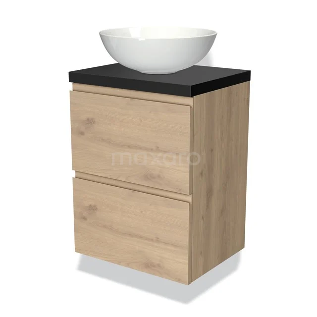 Holz-Badmöbel mit schwarzer Oberplatte und rundem weißen Aufsatzwaschbecken; modernes Design mit zwei Schubladen, perfekt für kompakte Bäder.