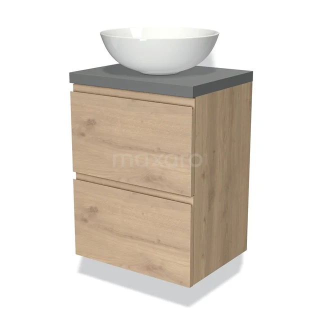 Badmöbel aus Eichenholz mit grauer Waschtischplatte und weißem Aufsatzwaschbecken, kompaktes Design für moderne Bäder.