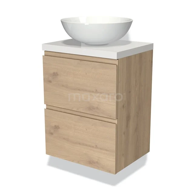 Modulo Plato Slim Vanity units for countertop basin | 50 cm Light brown oak Handle-less front High-gloss white worktop 2 Stacked drawers BMK37-02243