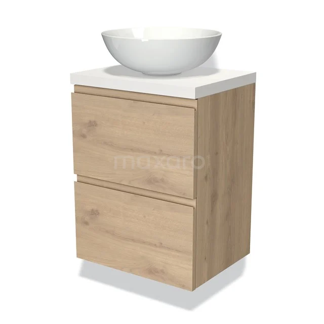 Badmöbel mit Konsole 50cm Modulo Plato Slim Hellbraune Eiche 2 Schubladen Grifflos BMK37-02244 Holz Badezimmermöbel mit weißem Aufsatzwaschbecken-Design, zwei Schubladen und einem modernen Erscheinungsbild, ideal für eine kompakte Badezimmergestaltung.