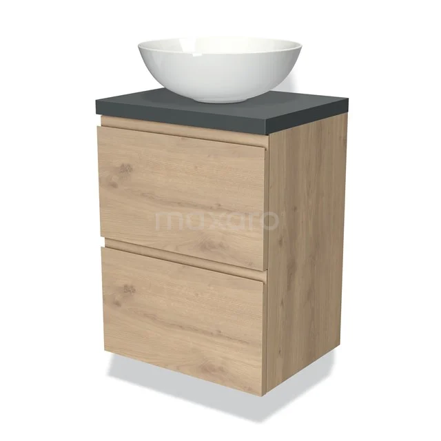 Holz Badezimmermöbel mit zwei Schubladen, anthrazitfarbener Top und runder weißer Aufsatzwaschbecken; modernes Design, ideal für kompakte Bäder.