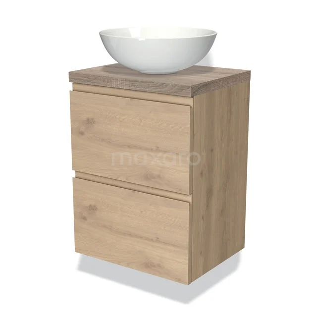 Modulo Plato Slim Badmöbel mit Aufsatzwaschbecken | 50 cm Hellbraune Eiche Grifflos front Eiche blatt 2 übereinanderliegende Schubladen BMK37-02247 Holz-Badmöbel mit Waschbecken, helle Eichenoberfläche, zwei Schubladen, kompaktes Design perfekt für moderne Bäder.