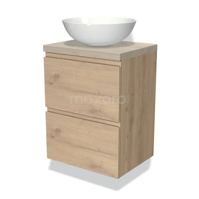 Holz-Badmöbel mit zwei Schubladen und einem weißen Aufsatzwaschbecken, ideal für eine moderne Badezimmer Einrichtung.