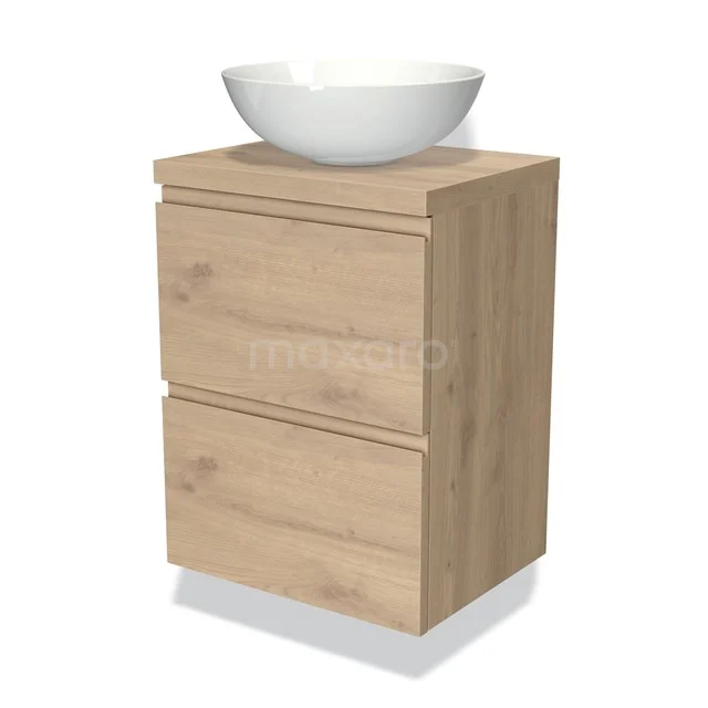 Holz-Badschrank mit zwei Schubladen und einem weißen keramischen Aufsatzwaschbecken, ideal für eine moderne Badezimmergestaltung.