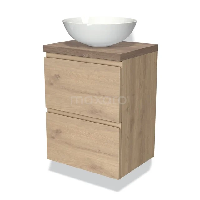 Holz Badezimmermöbel mit zwei Schubladen und einem weißen keramischen Aufsatzwaschbecken, ideal für ein stilvolles und praktisches Badezimmer.