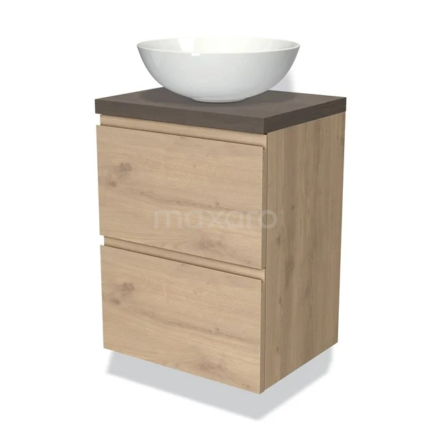 Hölzernes Badezimmermöbel mit Aufsatzwaschbecken, zwei Schubladen und dunklem Holzblatt. Kompaktes Design für moderne Bäder.