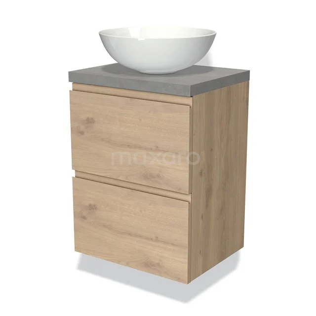 Holz Badezimmermöbel mit einer Grau Platte und einem weißen Aufsatzwaschbecken, kompaktes Design mit zwei Schubladen.