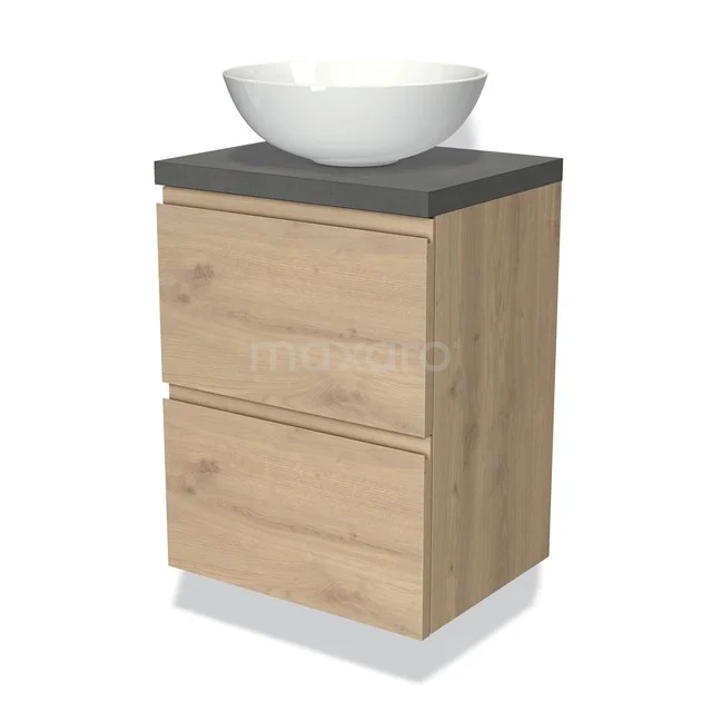 Holz-Badmöbel mit zwei Schubladen, grauem Steinplatte und weißem Aufsatzwaschbecken, kompaktes Design für moderne Bäder.