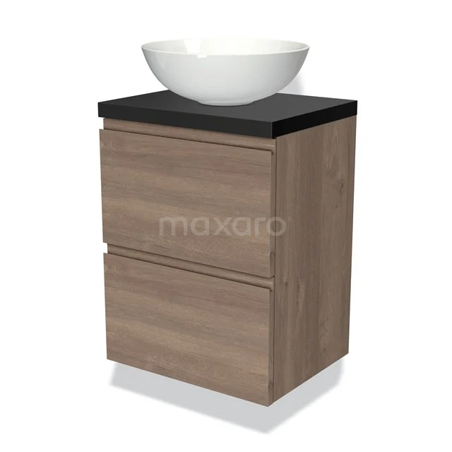 Modulo Plato Slim Vanity units for countertop basin | 50 cm Mid brown oak Handle-less front Matte black worktop 2 Stacked drawers BMK37-02255