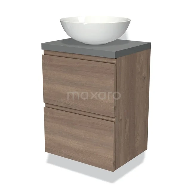 Badmöbel mit Konsole 50cm Modulo Plato Slim mittelbraune Eiche 2 Schubladen grifflos BMK37-02256 Holz-Badmöbel mit grauer Platte und weißer Waschbecken, kompaktes Design geeignet für moderne Bäder.