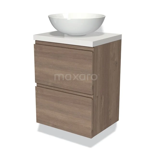 Modulo Plato Slim Vanity units for countertop basin | 50 cm Mid brown oak Handle-less front High-gloss white worktop 2 Stacked drawers BMK37-02257