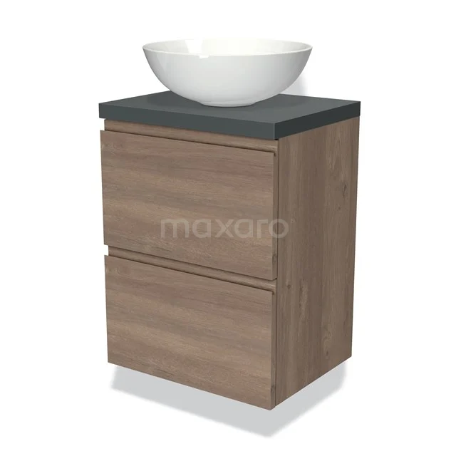 Holz-Badmöbel mit grauer Platte und weißem Aufsatzwaschbecken, moderne Serie mit zwei Schubladen für praktischen Stauraum.