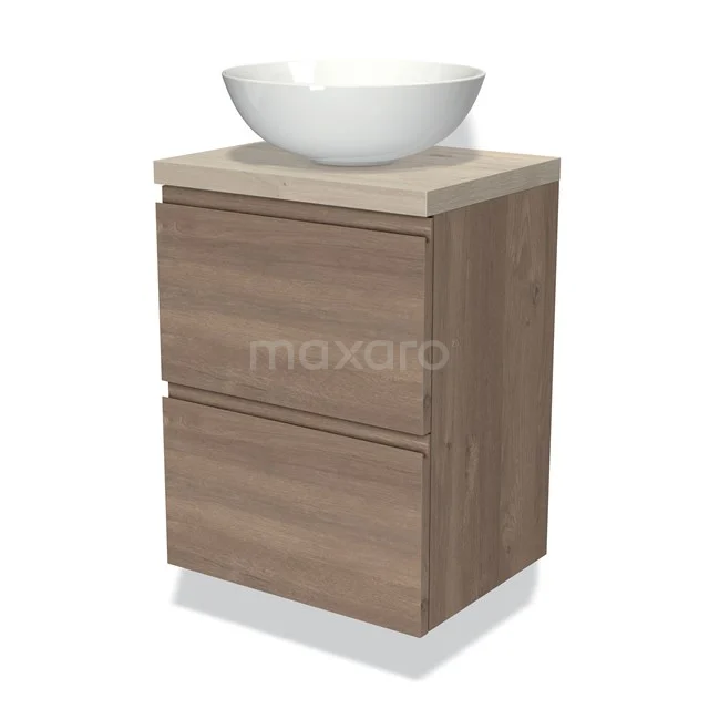 Modulo Plato Slim Vanity units for countertop basin | 50 cm Mid brown oak Handle-less front Light grey oak worktop 2 Stacked drawers BMK37-02262