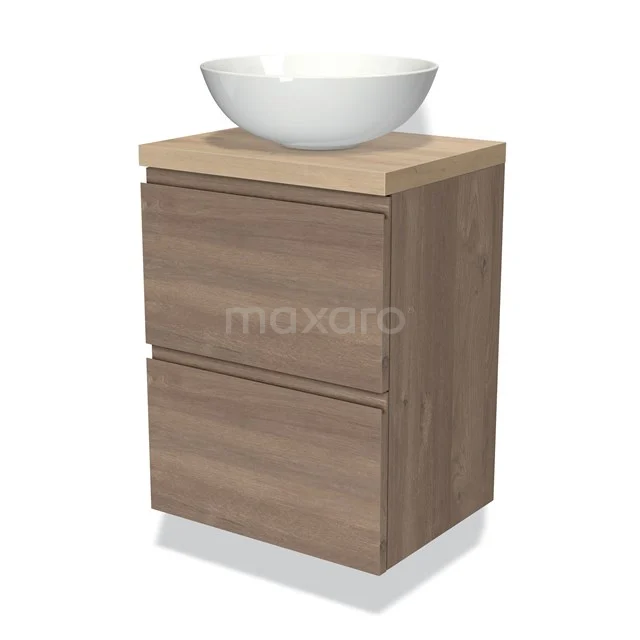 Modulo Plato Slim Vanity units for countertop basin | 50 cm Mid brown oak Handle-less front Light brown oak worktop 2 Stacked drawers BMK37-02263