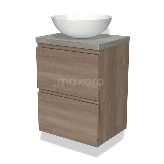 Badmöbel mit Konsole 50cm Modulo Plato Slim mittelbraune Eiche 2 Schubladen grifflos BMK37-02266 Hölzernes Badezimmermöbel mit grauer Platte, weißem Aufsatzwaschbecken und zwei Schubladen; ideal für stilvolle und moderne Badezimmerlagerung.