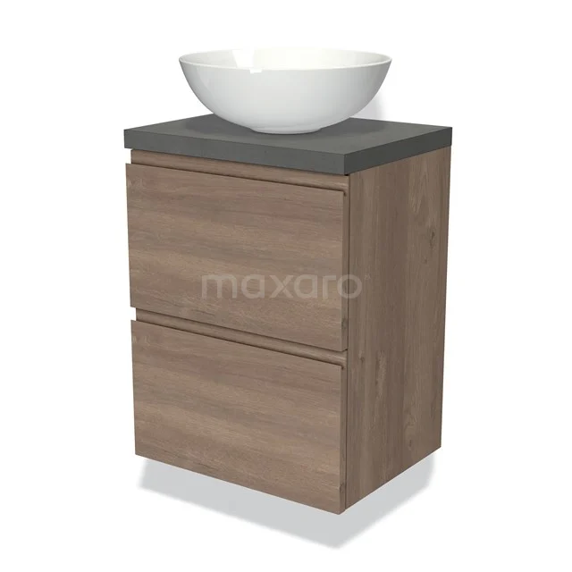 Badmöbel mit Konsole 50cm Modulo Plato Slim mittelbraune Eiche 2 Schubladen grifflos BMK37-02268 Holz-Badmöbel mit grauer Platte, Aufsatz-Waschbecken und zwei Schubladen; kompaktes Design ideal für kleine Bäder.