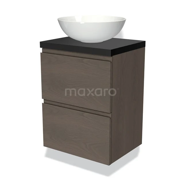 Braune Badmöbelset mit schwarzer Platte und weißem Aufsatzwaschbecken, modernes Design und kompakter Stauraum.