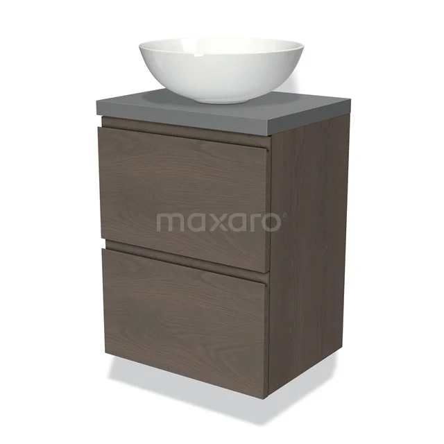 Hölzernes Badezimmermöbel mit zwei Schubladen, grauer Platte und weißem rundem Waschbecken; ideal für moderne Badezimmer.