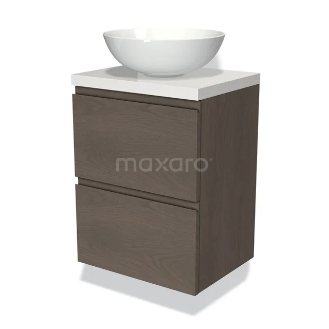 Braunes Holz-Badmöbel mit weißem Aufsatzwaschbecken, modernes Design, ideal für kleine Bäder.