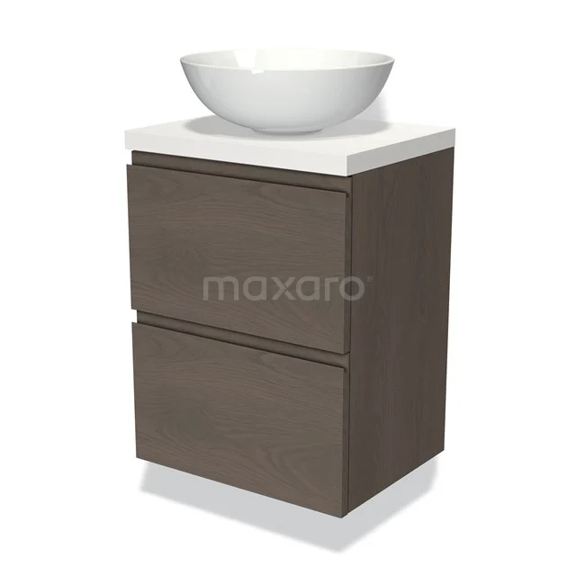 Brauner Waschbeckenunterschrank mit weißem Aufsatzwaschbecken, 2 Schubladen und modernem Design, ideal für stilvolle Badezimmergestaltung.