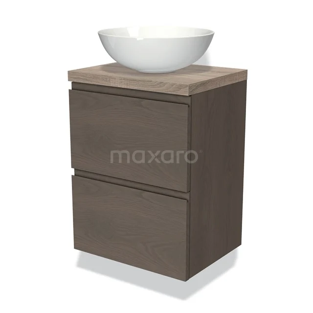 Badmöbel mit Konsole 50cm Modulo Plato Slim dunkelbraune Eiche 2 Schubladen grifflos BMK37-02275 Kompakte Holz-Badmöbel mit zwei Schubladen und weißem, schalenförmigem Waschbecken, ideal für moderne Badezimmergestaltung.