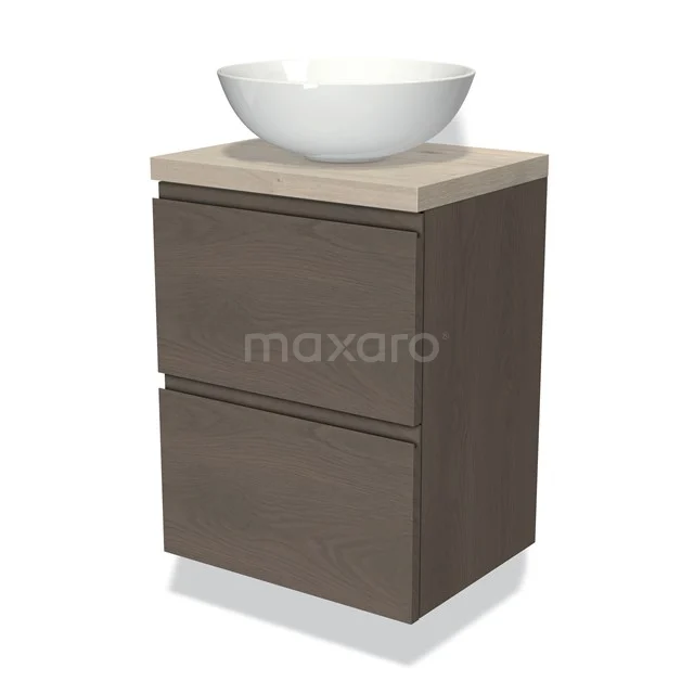 Modulo Plato Slim Vanity units for countertop basin | 50 cm Dark brown oak Handle-less front Light grey oak worktop 2 Stacked drawers BMK37-02276