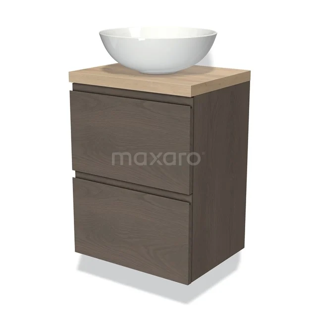 Braunes Badezimmermöbel mit Holzoptik, zwei Schubladen und einem weißen schalenförmigen Waschbecken; stilvoll und kompakt für jedes Badezimmer.