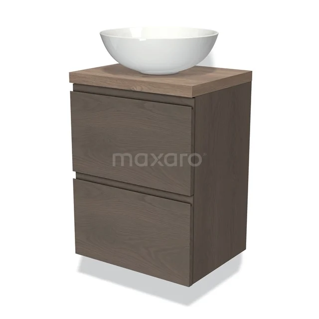 Badmöbel mit Konsole 50cm Modulo Plato Slim dunkelbraune Eiche 2 Schubladen grifflos BMK37-02278 Holz Badezimmermöbel mit zwei Schubladen und weißem Aufsatzwaschbecken, ideal für stilvolle Badezimmerlagerung und eine moderne Einrichtung.