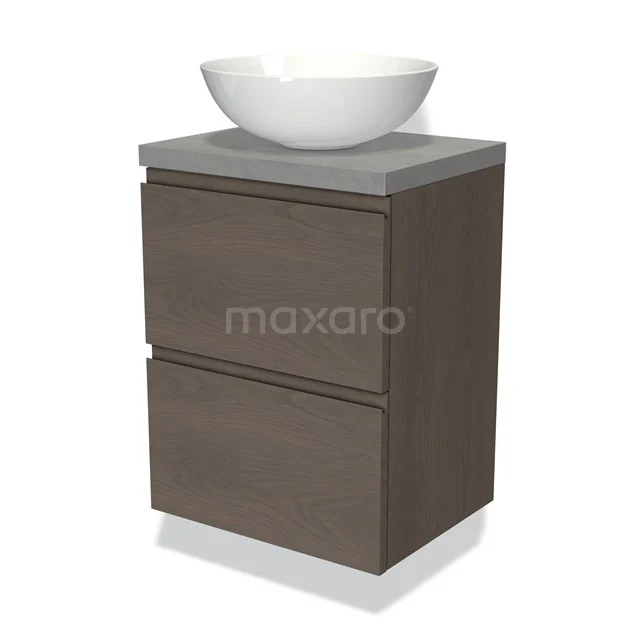 Braunes Holz-Badmöbel mit grauer Oberfläche und weißem Aufsatzwaschbecken, kompaktes Design, ideal für moderne Bäder.