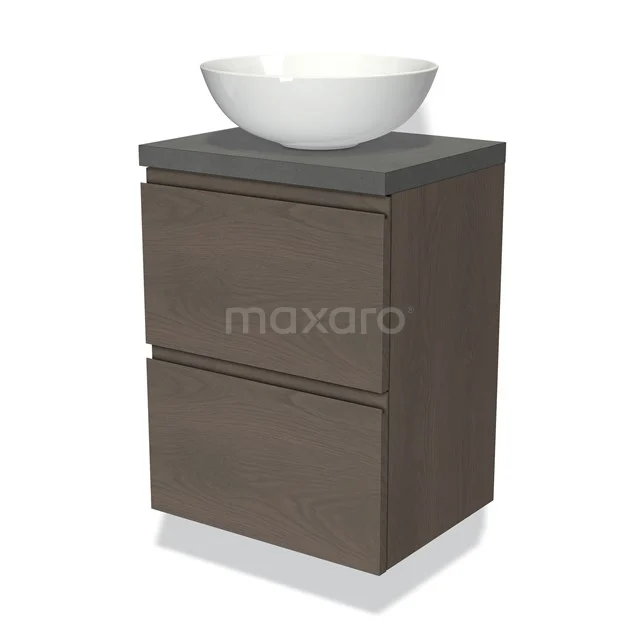 Waschtisch aus dunklem Holz mit keramischem Aufsatzwaschbecken, kompaktes Design, ideal für moderne Bäder.