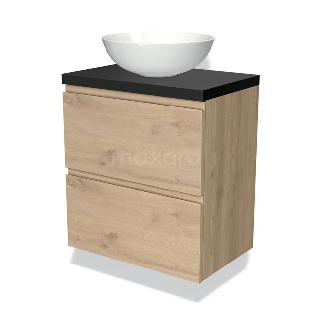 Badmöbel mit Konsole 60cm Modulo Plato Slim Hellbraune Eiche 2 Schubladen Grifflos BMK37-02283 Hölzernes Badezimmermöbel mit schwarzer Platte und runder weißer Waschbecken, kompakte Form, geeignet für moderne Badezimmergestaltung.