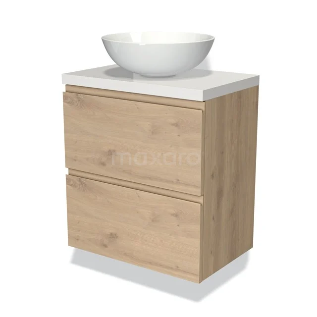 Eichenholz Badezimmermöbel mit weißem Aufsatzwaschbecken, modernes Design, zwei Schubladen und kompakte Form für stilvolle Badezimmerlagerung.