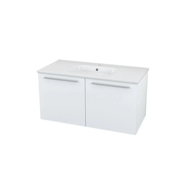 Wit badkamermeubel met twee lades en geïntegreerde wastafel, strak design, ideaal voor moderne badkamers.