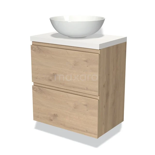 Badmöbel mit Konsole 60cm Modulo Plato Slim Hellbraune Eiche 2 Schubladen Grifflos BMK37-02286 Holz Badezimmermöbel mit weißem Aufsatzwaschbecken, kompaktes Design und zwei Softclose Schubladen, ideal für moderne Bäder.